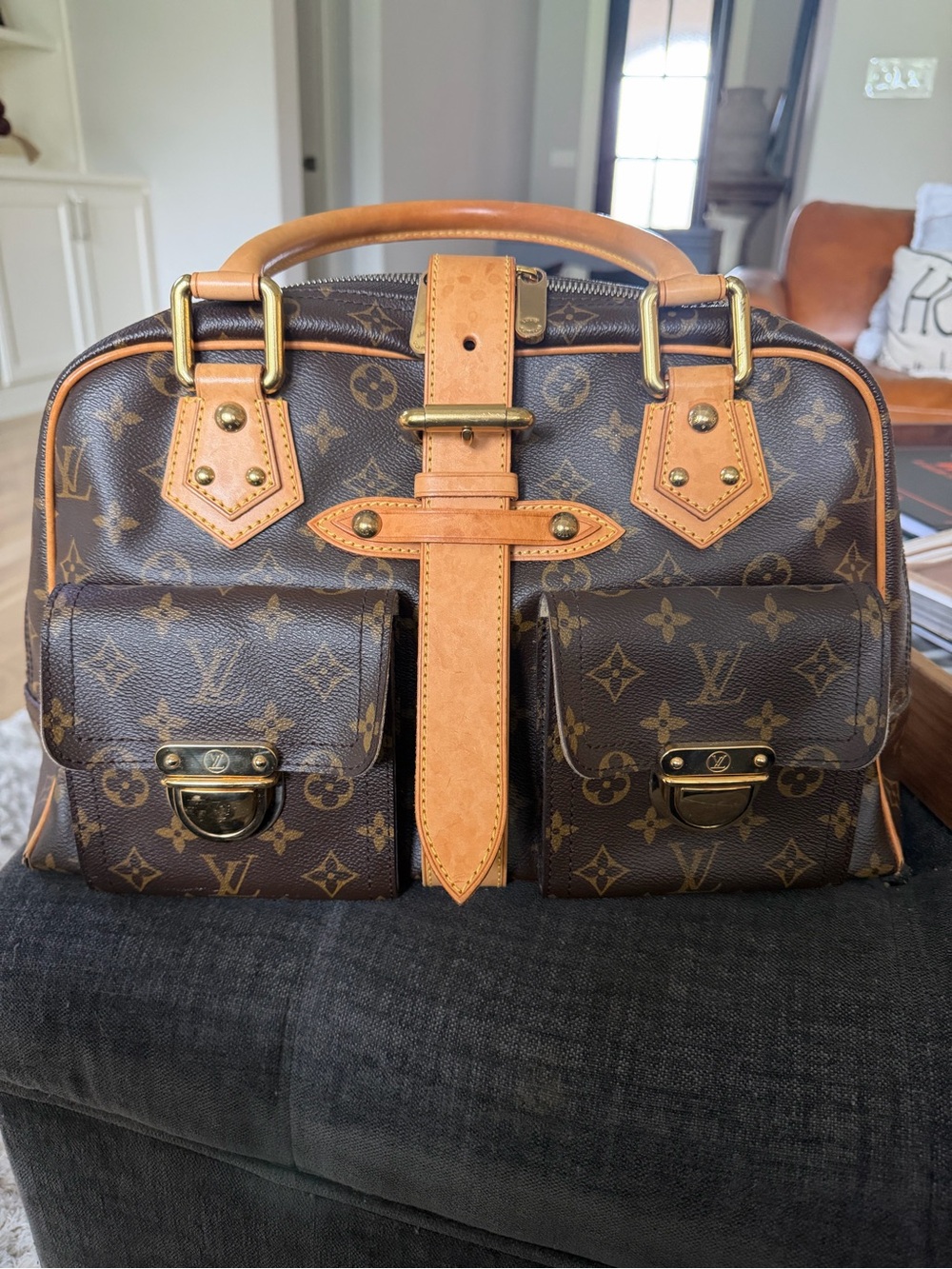 Louis Vuitton Manhattan GM Monogram Canvas Satchel with Tan Leather Accents